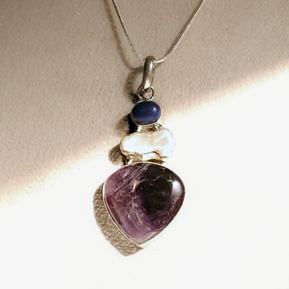 Natural Lapis Keshi Pearl & Amethyst ARTISAN Pendant 925 Sterling Silver Chain - Picture 6 of 8
